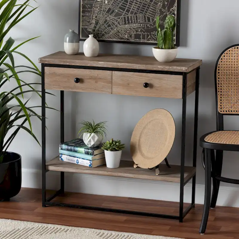 Industrial Console Table with 2 Drawers and Open Shelf, Natural Brown & Black