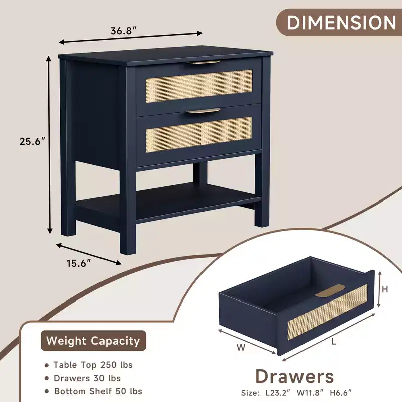 Rattan 2 Drawer Nightstand for Bedroom and Living Room