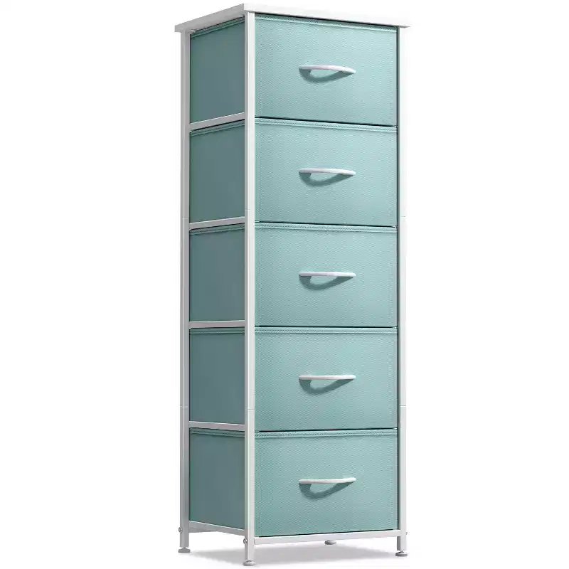 Narrow 5-Drawer Nightstand with Steel Frame & Wood Top