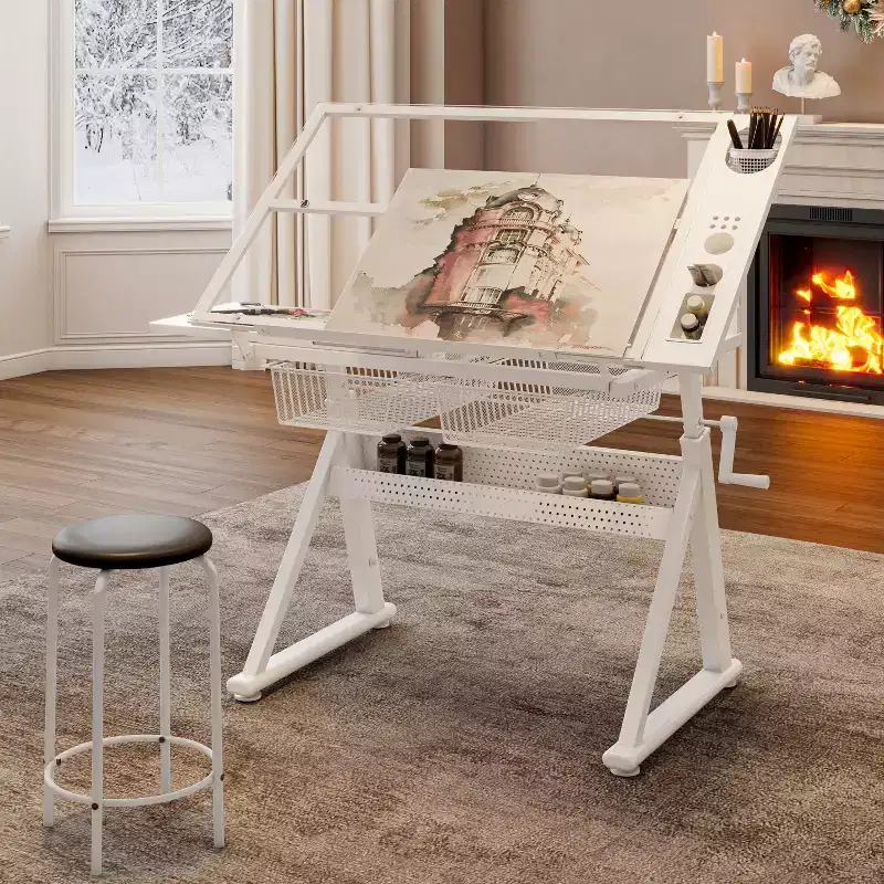 JVNOXK Hand crank adjustable tempered glass drafting drawing and printing table with chair and storage space for living room, study, bedroom(white)