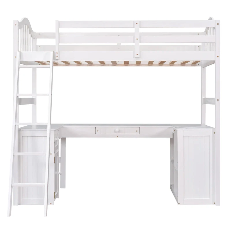 Twin Wooden Loft Bed with Desk and Shelves