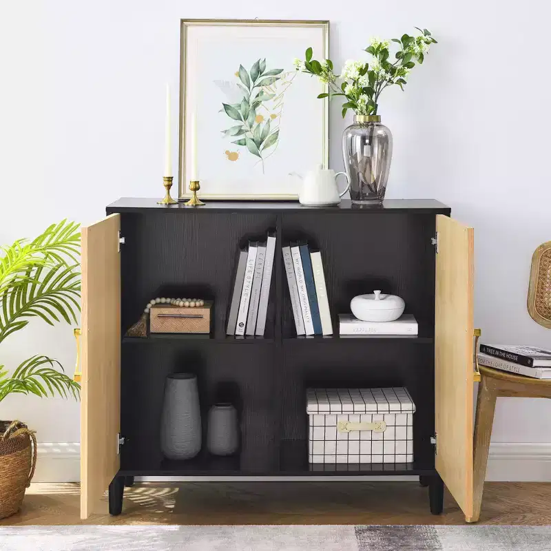 TROPOW Buffet Cabinet with Storage, Free Standing Storage Cabinet with Double Doors, Accent Cabinet with Solid Wood Feet, Sideboard Cabinet ,Black