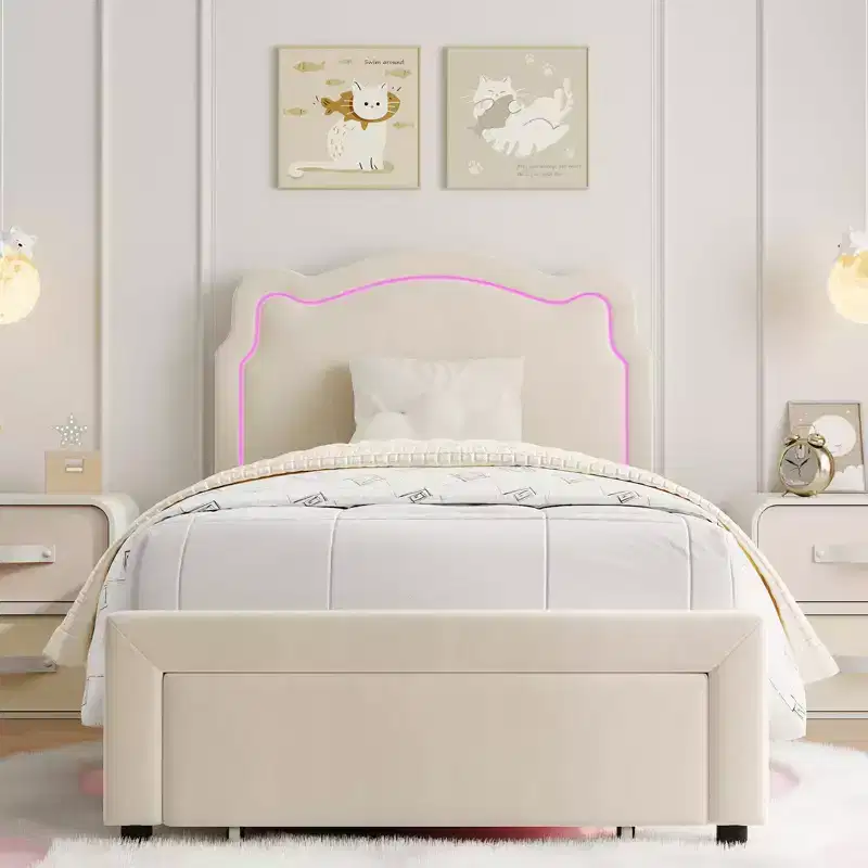 Twin Size Upholstered Bed Frame with Drawer Storage, Lights, Velvet Platform Bed with Height-Adjustable Bear Headboard, Noise-Free