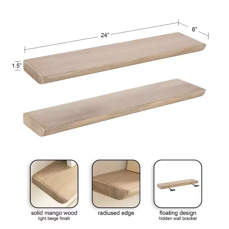 Natural Wood Floating Wall Shelf, 24