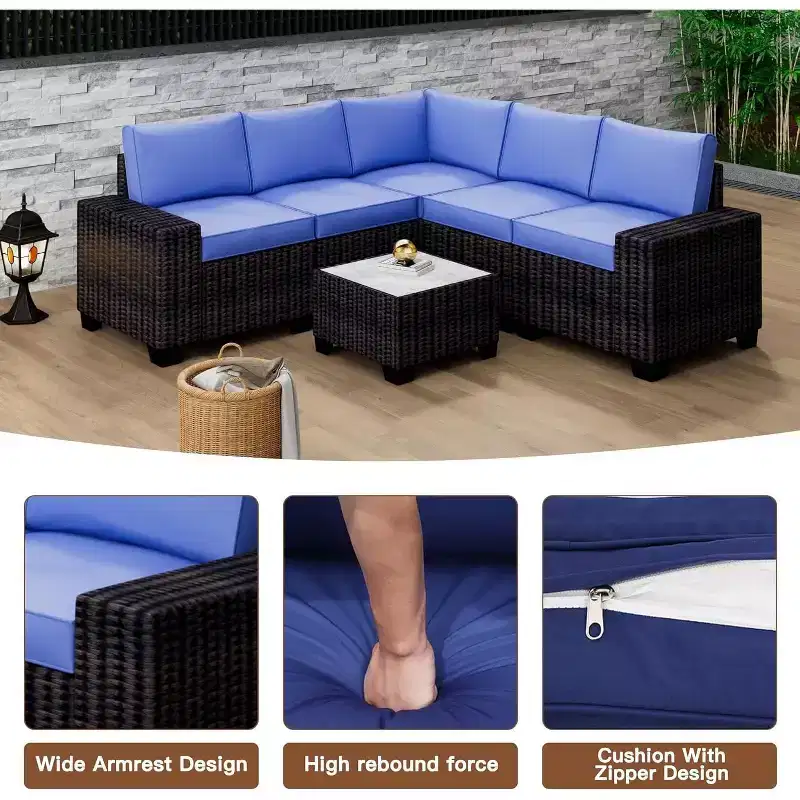 6-Piece Patio Furniture Set, Sectional Furniture PE Rattan Sofa Set, Rattan Wicker Conversation Sets, Outdoor Sofa Set for Backyard, Balcony