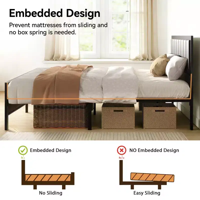 Dyonery Bed Frame with Upholstered Headboard,Metal Bed Frame with Footboard,Noise-Free,No Box Spring Needed,Easy Assembly
