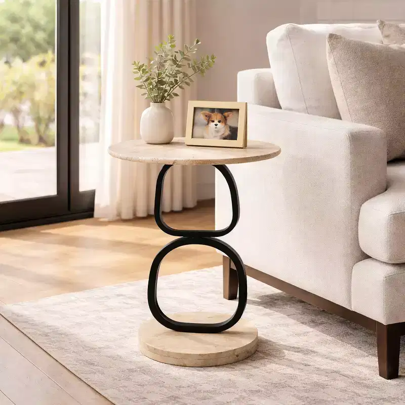 Marble Top and Metal Base Round End and Side Table for Small Room Spaces - Modern Accent for Bedroom and Living Room Decor - 23, Tan & Black