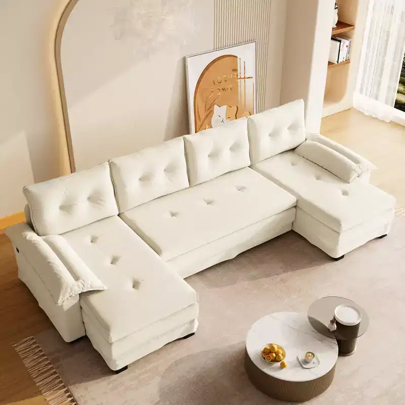 Modern Iron and Wooden Chenille Upholstered 110 U-Shaped Sleeper Sofa with Pull Out Bed and USB Ports