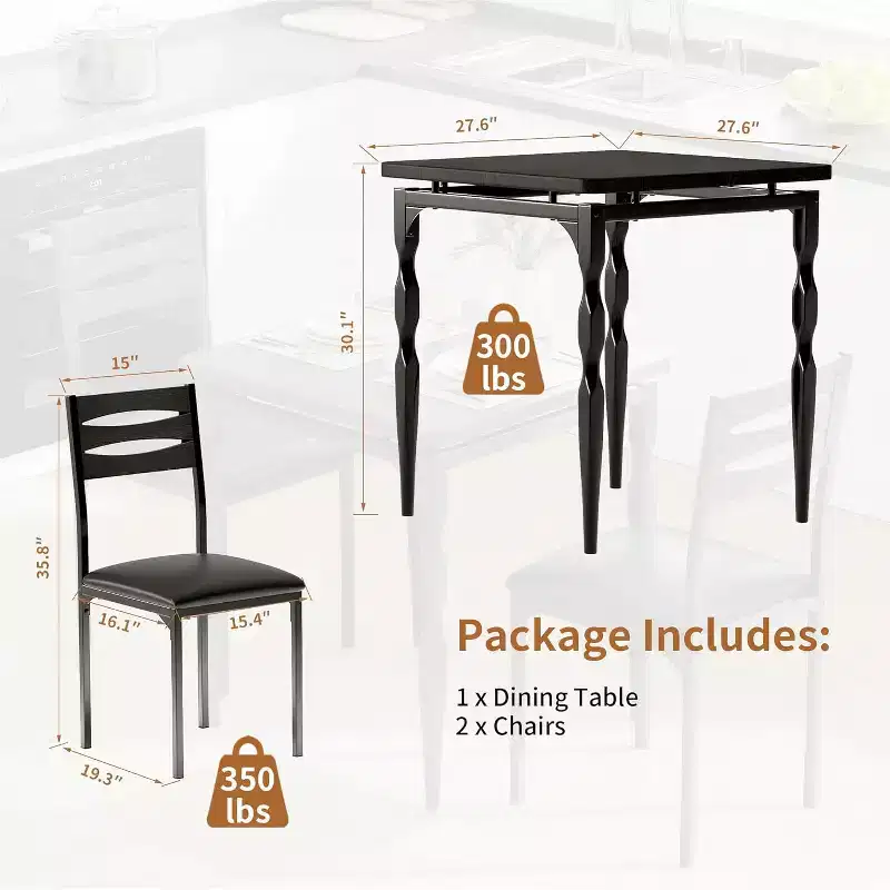 Industrial 3-Piece Dining Table Set for 2 with Cushioned Chairs  Kitchen Table Set with Spiral Leg Design Table (Black)