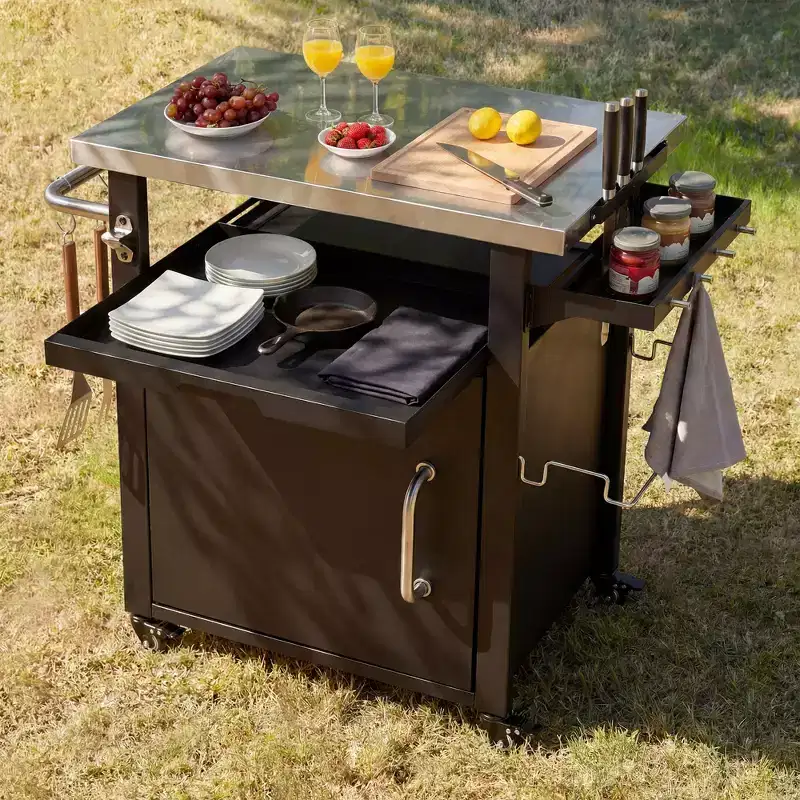 39.5 Outdoor Grill Cart with Storage Cabinet, Stainless Steel Top BBQ Table with Wheels, Spice & Paper Rack, Waterproof Cover Included