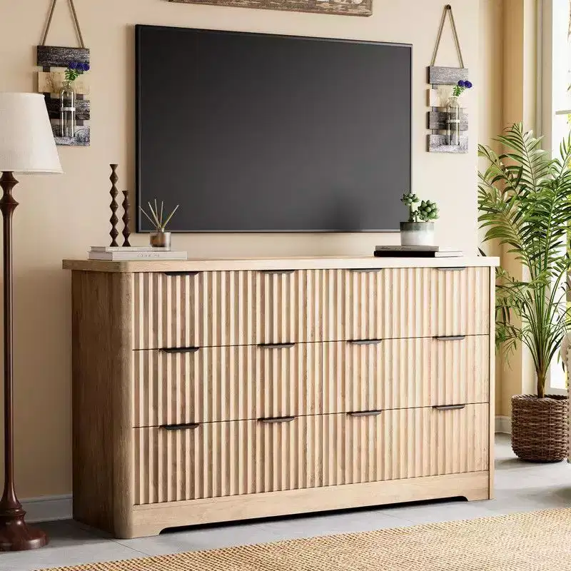 Fluted 6 Drawer Dresser, Modern Wooden Dresser with Wood Top, Sturdy Clothes Storage Cabinet for Bedroom