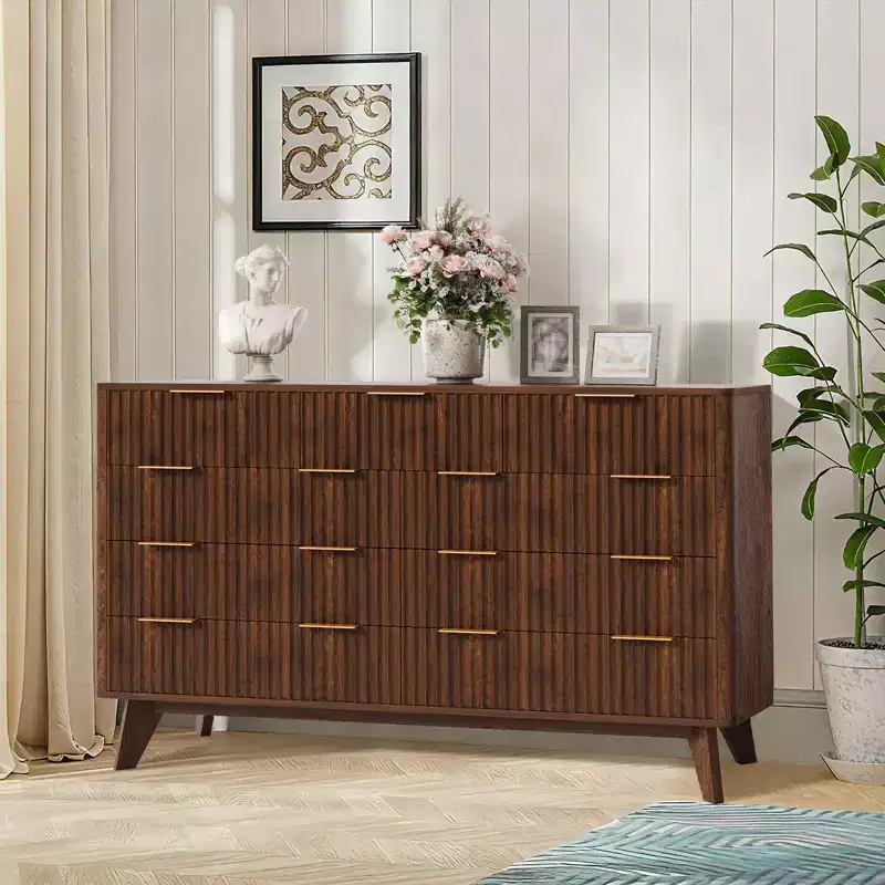 54 Wide 9 Drawer Dresser, Modern Wooden Chest with Fluted Wave Design and Metal Handles