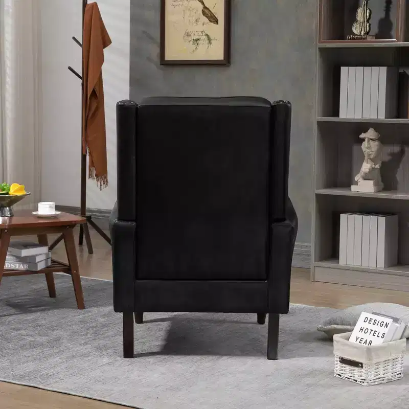 Wood Frame Armchair, Sturdy Wood Legs, Living Room Bedroom, Black PU