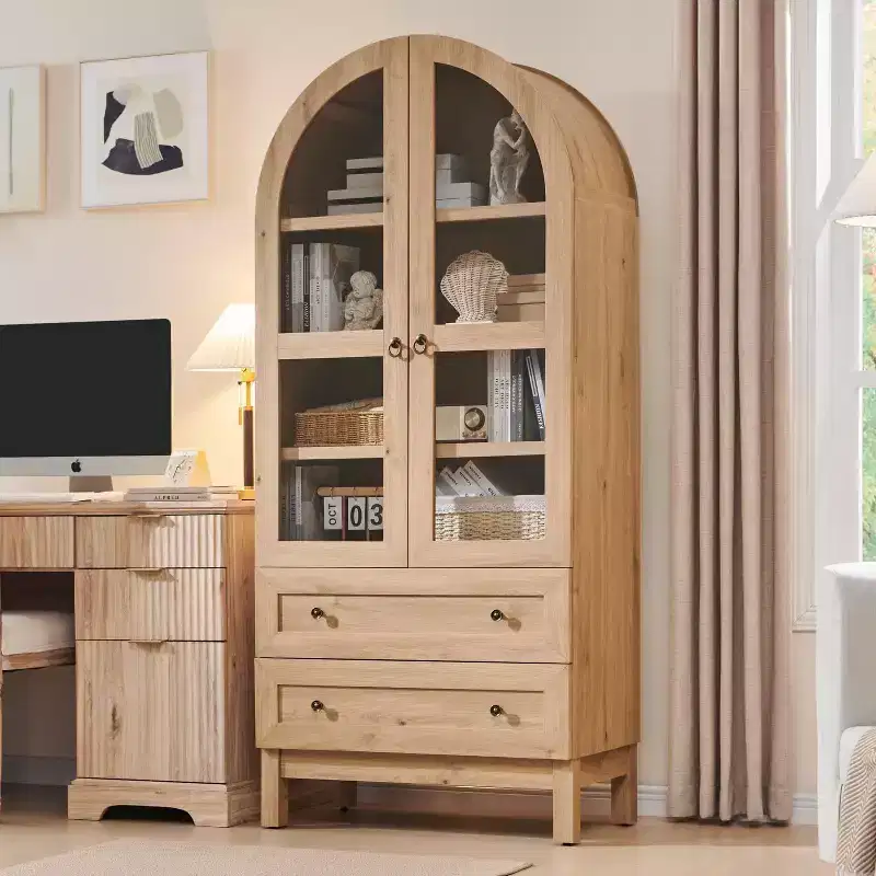 71 Tall Arched Pantry Cabinet with 2 Drawers & Adjustable Shelves & Glass Doors, Modern Farmhouse Kitchen Storage Cabinet