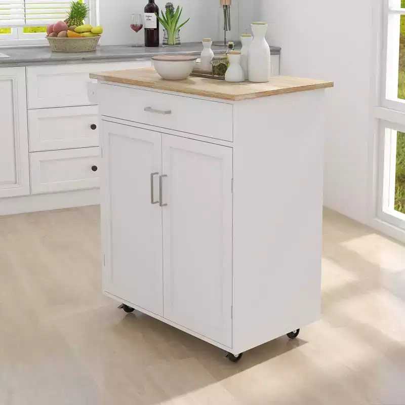 AndMakers White Wood 32.68 in. Kitchen Island with Towel Rack and Adjustable Shelves