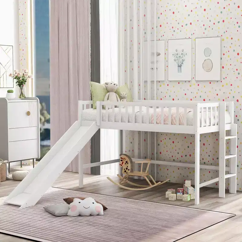 77.4IN Twin/Full Size Kids Loft Bed with Slide, Twin Bed with Safety Guardrail and Ladder, Bed Frames for Kids Room, Play Room