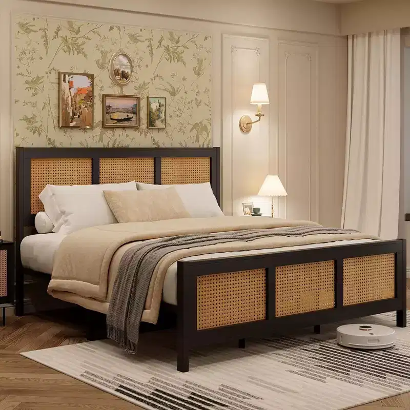 Bed Frame with Headboard, Bohemian Rattan Platform Bed Frame with Strong Metal Slats Support, No Box Spring Needed, Noise-Free Design