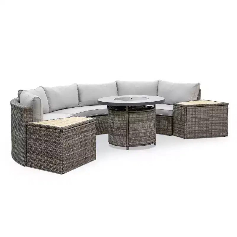 Greemotion 6pc Barbuda Teak Wood Outdoor Patio Firepit Sets Brown: Aluminum Frame, Ceramic Tile, UV Protection