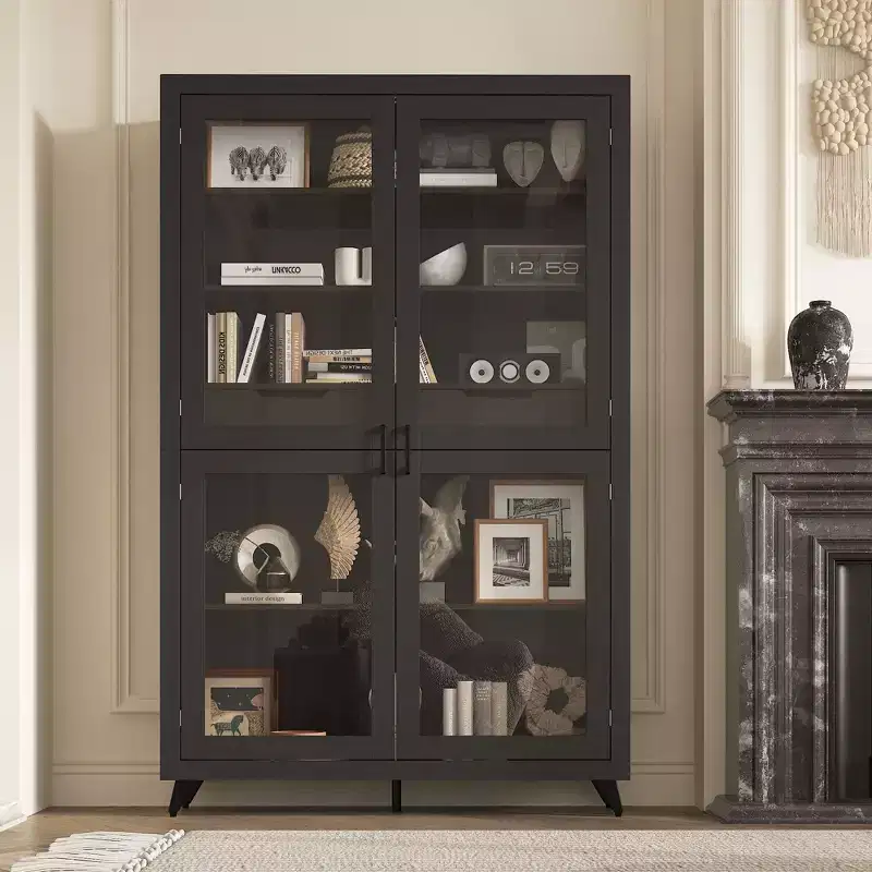 Famapy Black Modern - Style Bookcase with Magnetic - Suction Glass Doors and Internal Drawers