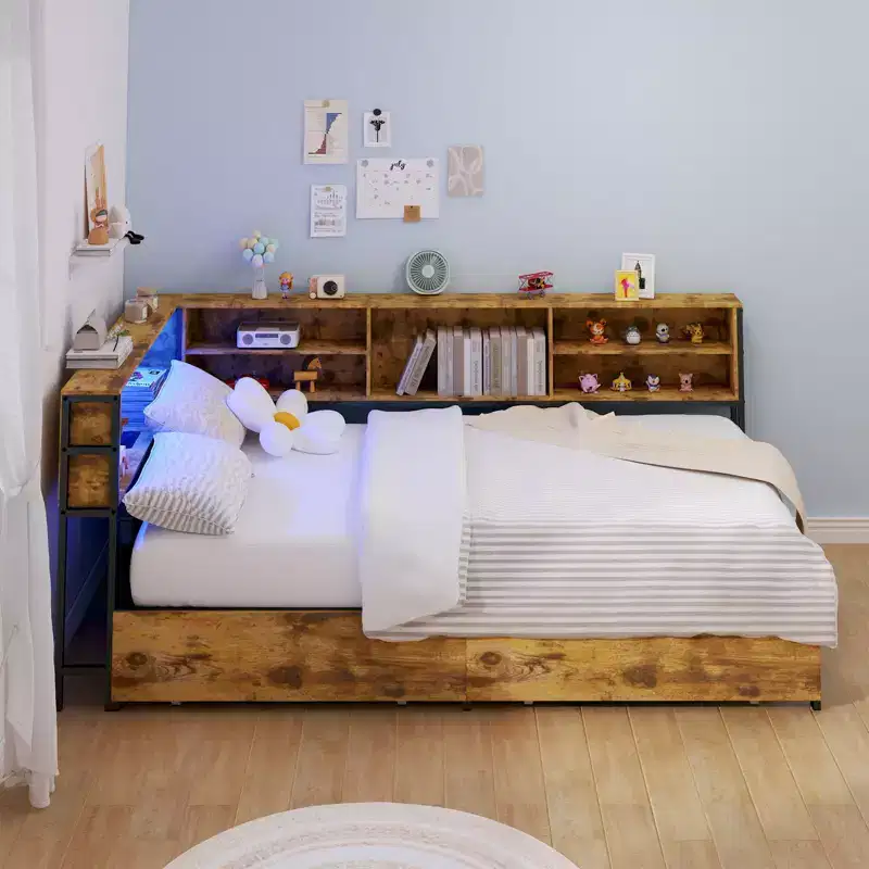 Twin/Full Kids Corner Daybed with Storage Bookcase & LED Light, Modern Platform Bed