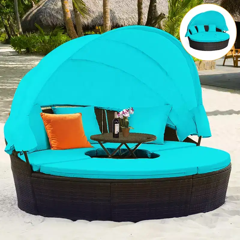 Costway Patio Rattan Daybed Cushioned Sofa Adjustable Table Top Canopy