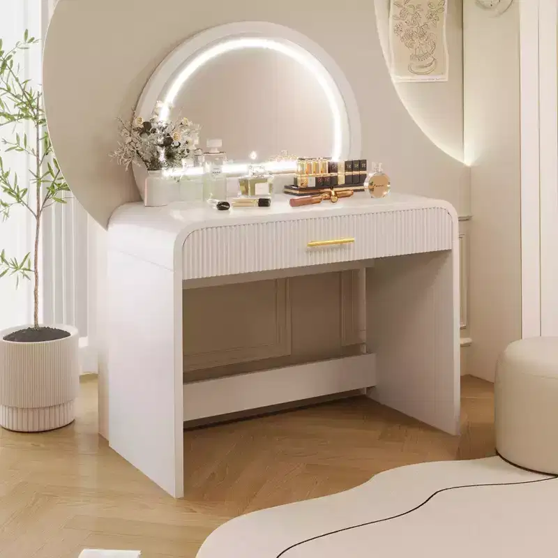 Okak 39 Vanity Table with Drawers and Lights, Modern Vanity Table Set with Mirror Touch Screen Lighted Mirror for Bedroom, White