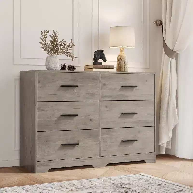 6 Drawer Double Dresser for Bedroom, Modern Wood Chest of Drawers with Metal Handles, Wide Storage Cabinet for Living Room Home Office