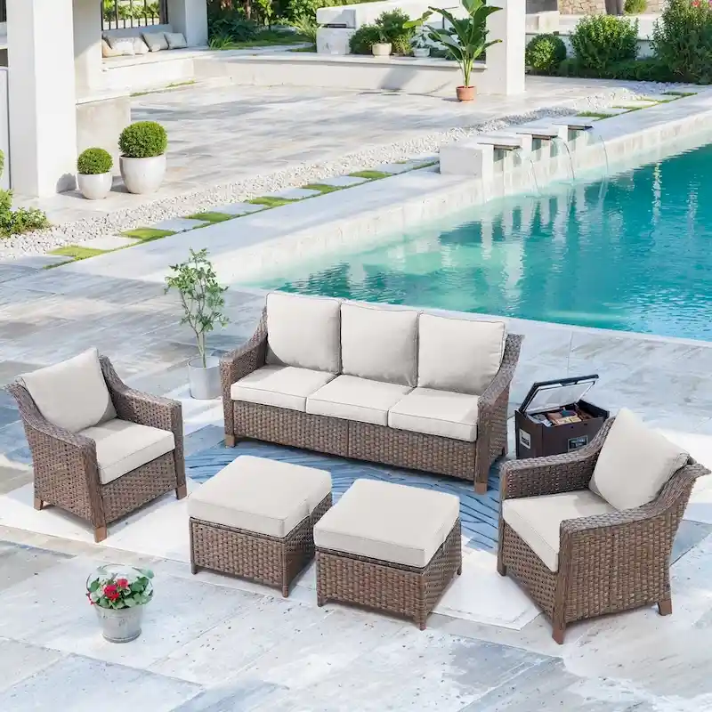 Outdoor Sofa with Chairs, Ottomans - Brown