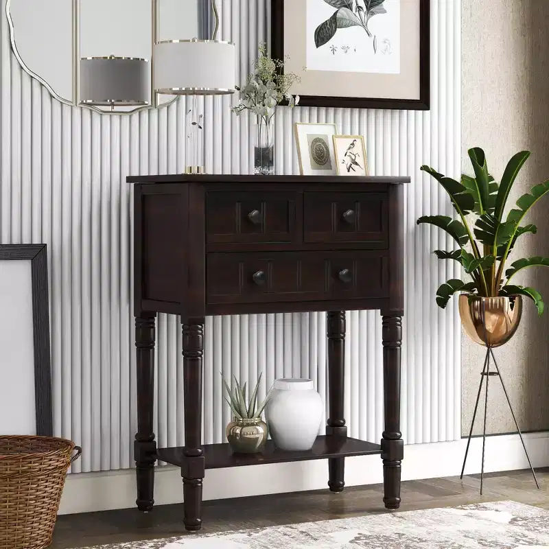 Farmhouse Small Console Table with Storage, Retro Wood Entryway Table with Drawers and Bottom Shelf, Wood Slim Side Table for Entryway