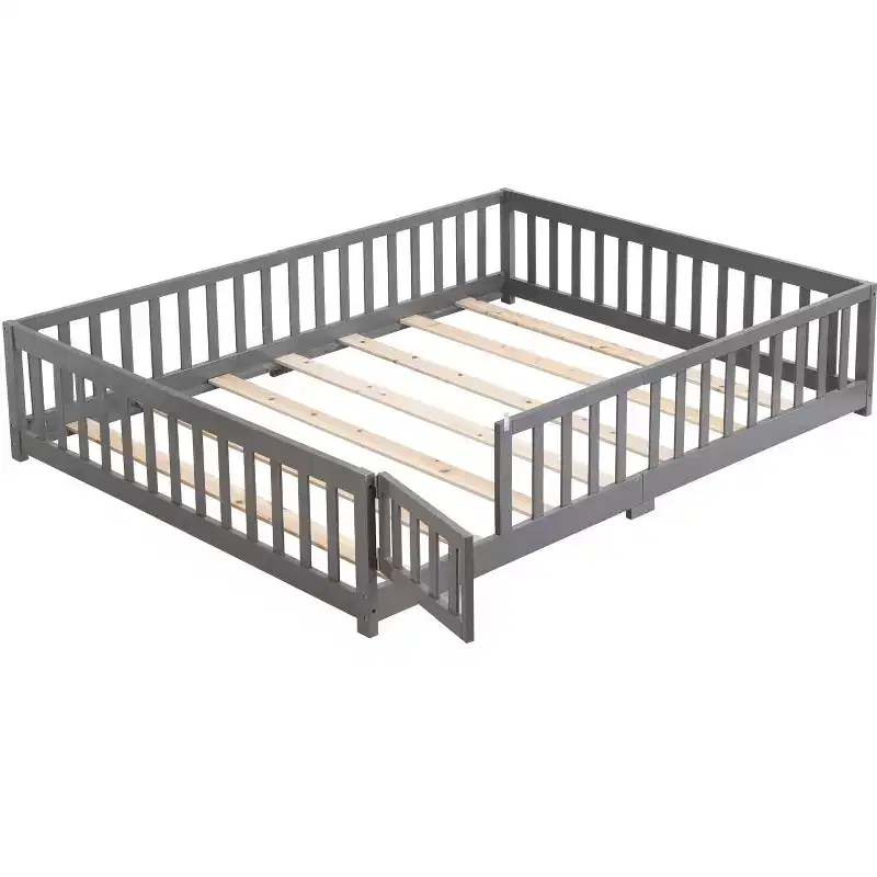 Queen Size Floor Bed with Door and Fence, Montessori Bed with Guardrails and Slats, Wood Platform Bed Frame for Girls and Boys