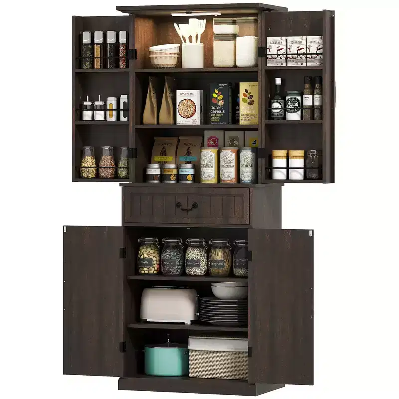 71 LED Kitchen Pantry Cabinet, Farmhouse Storage Cabinet with Door Shelves