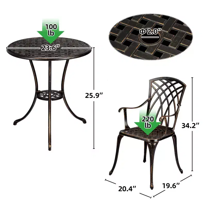 3-Piece Outdoor Bistro Set, Cast Aluminum Chairs & Table with Umbrella Hole, Adjustable Feet for Garden