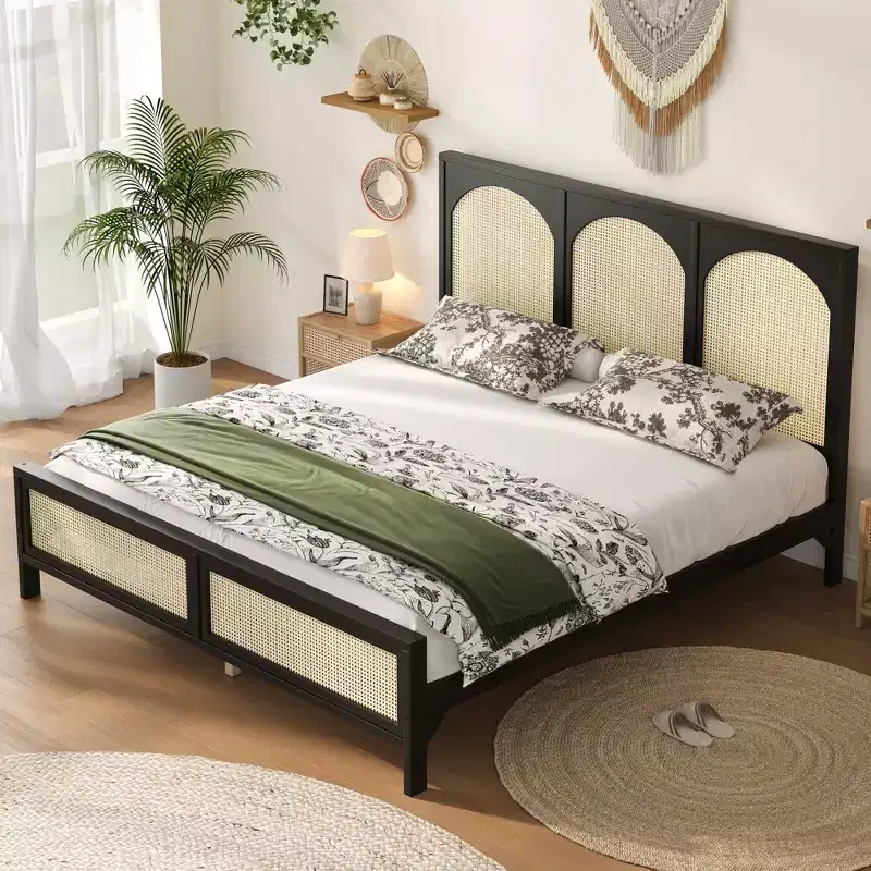 Brewer Wood Platform Bed with Rattan Headboard and Footboard