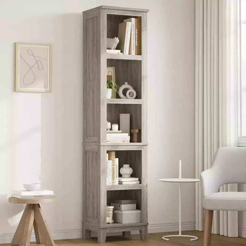 Narrow 5-Tier Corner Bookshelf with Wooden Legs - Country Style, Space-Saving Storage for Living Room & Bedroom