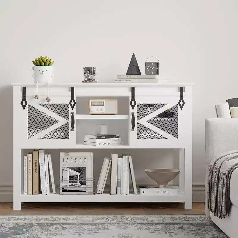 GustoWave Entryway Table w/Sliding Barn Doors, 46'' Farmhouse & Industrial Console Table with Storage, Sofa Table w/Open Shelf , White