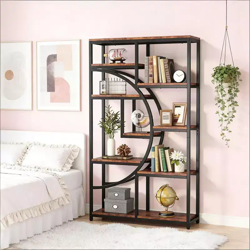NAYSAYE Geometric Bookshelf Freestanding Metal Wood Display Shelf 9 Tier Industrial Storage Rack for Living Room Office, Black, 37.43*11.82*68.56