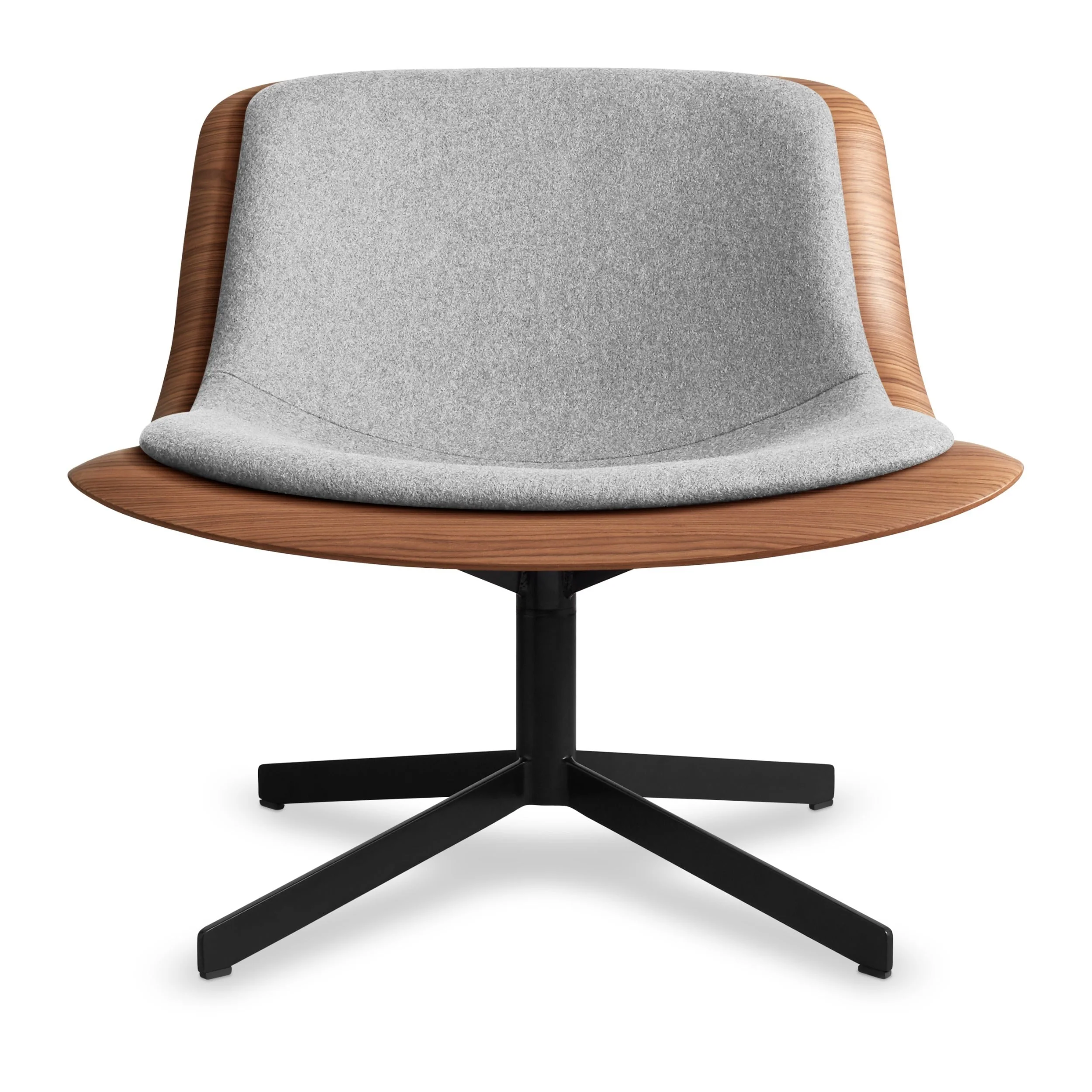 Modern Walnut Wood Swivel Lounge Chair with Bent-Ply Shell & Leather Pad for Living Room