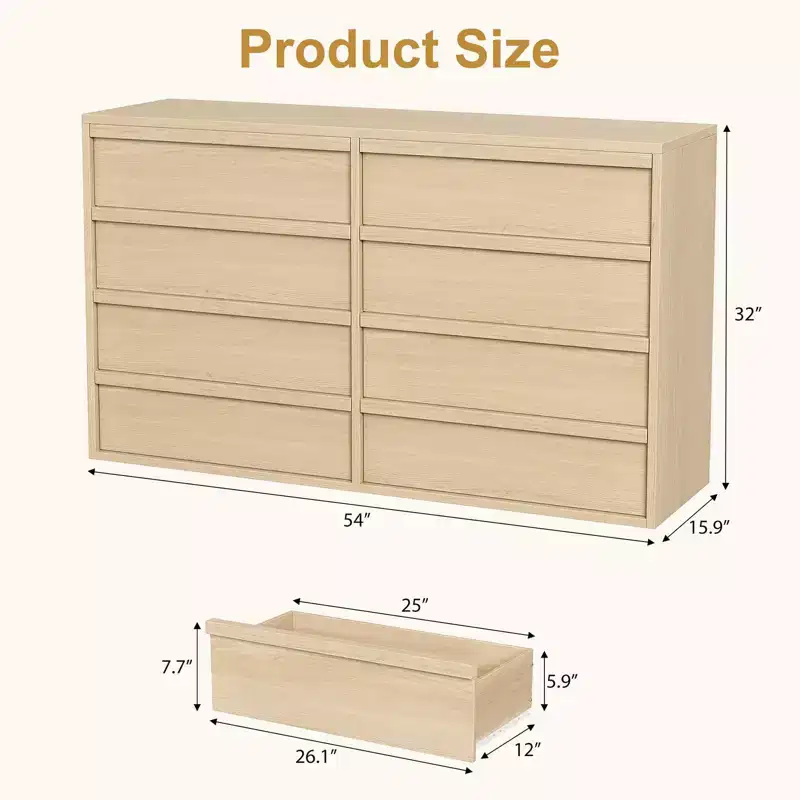 54 Wide Natural Oak 8-Drawer Dresser for Bedroom, Large Wooden Chest of Drawers with Storage Organizer for Living Room, Entryway & Nursery