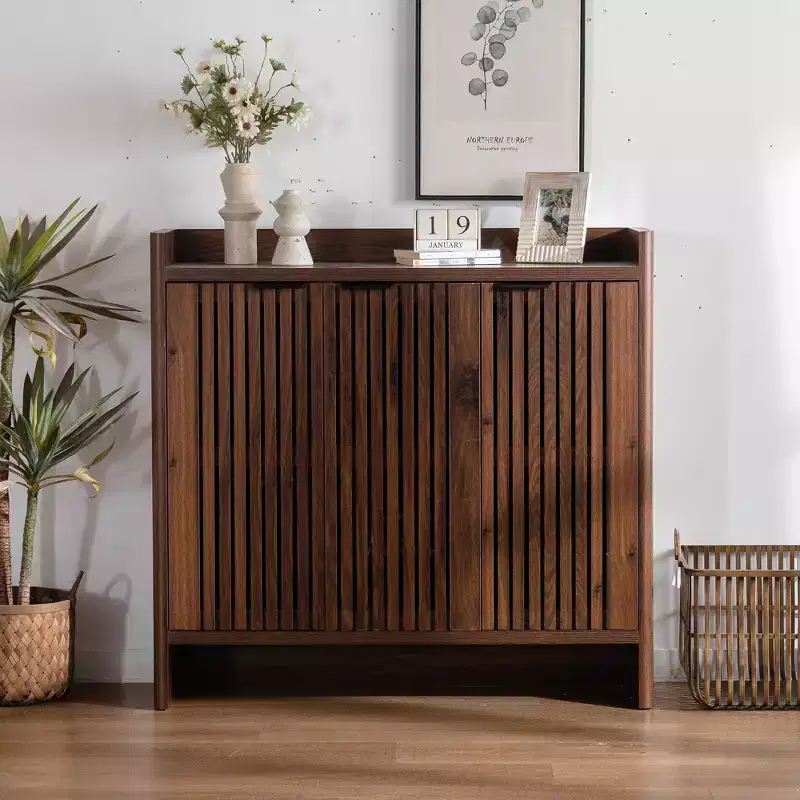 GDFStudio Hahn Modern Wooden Shoe Storage Cabinet with Adjustable Shelves and Breathable Louver Doors