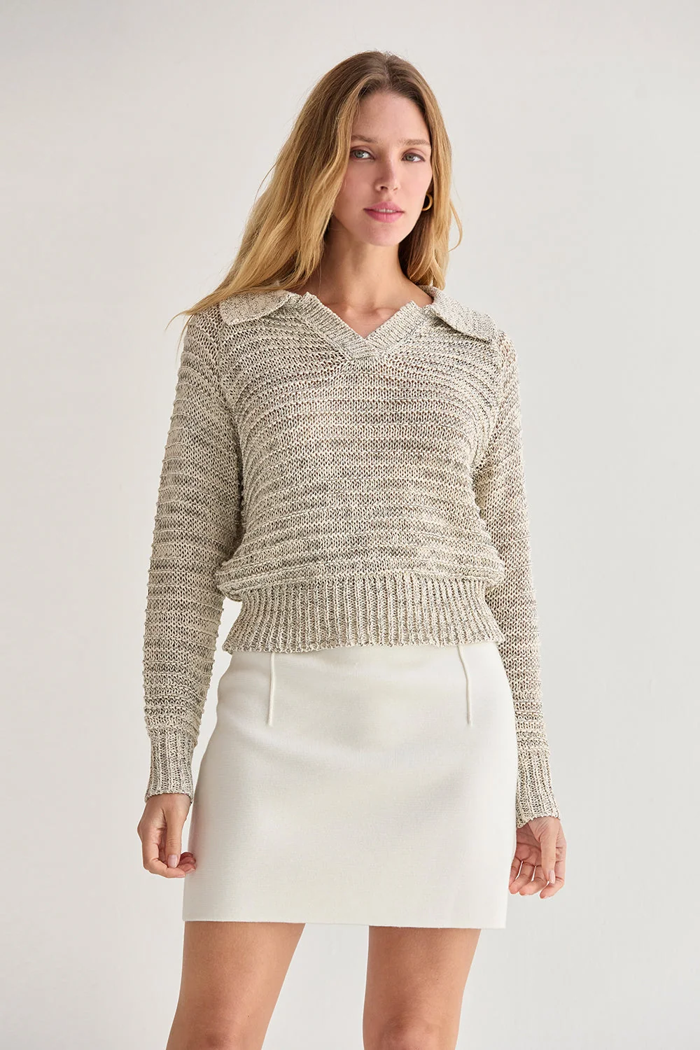Marled Polo Collar V-Neck Knit Sweater Long Sleeve Relaxed Fit