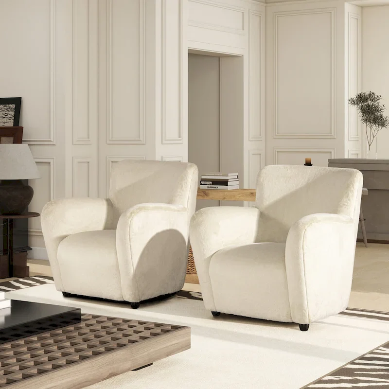 32 Transitional Faux Fur Upholstered Curved Arm Accent Chair
