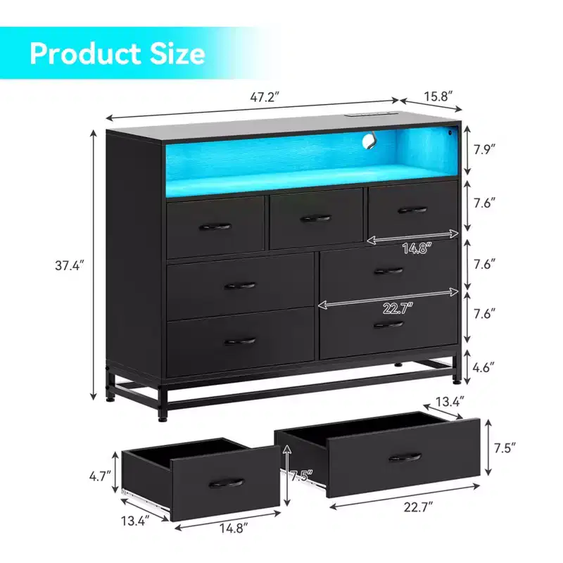 Dresser for Bedroom with LED Lights  7 Drawer Dressers with Charging Station, Wood Storage Chest for Entryway, Closet, Living Room, Hallway