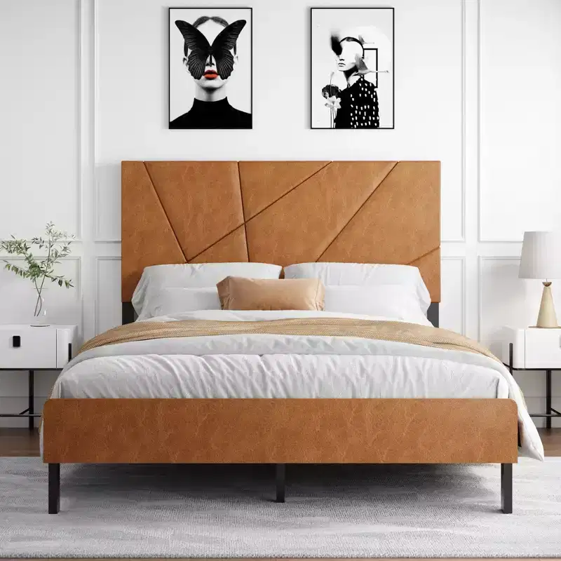 Full/Queen/King Size Upholstered Bed with Headboard, Metal Platform Bed Frame with Under Bed Storage,Antique Brown