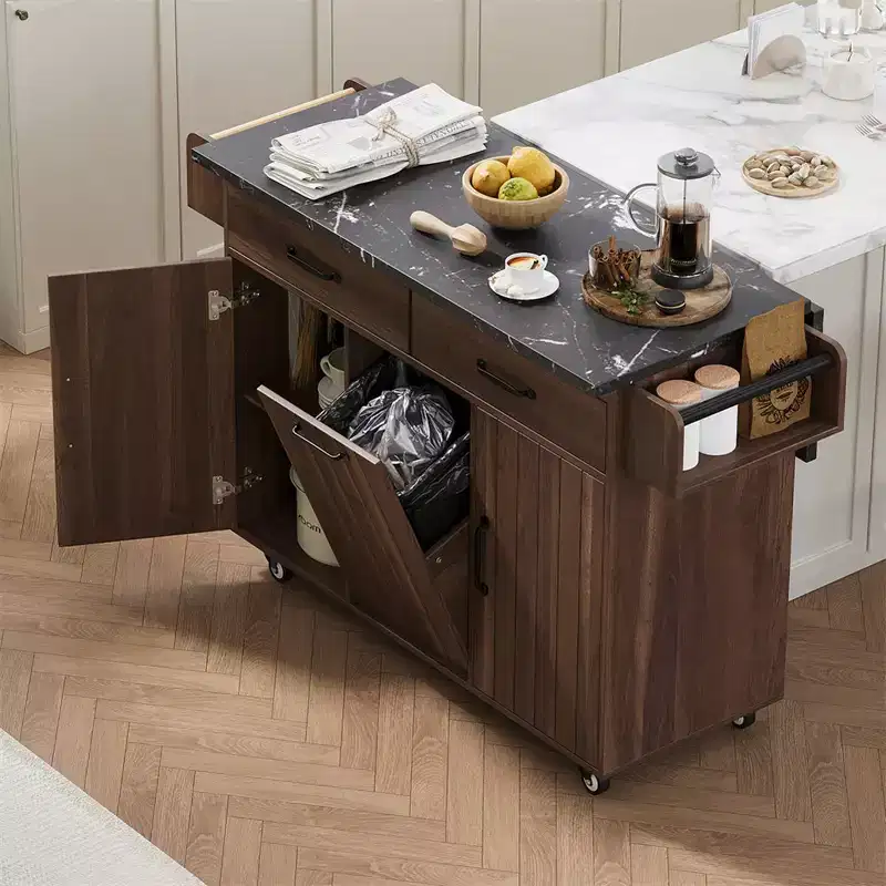 Kitchen Island with Trash Can Storage Cabinet, Rolling Kitchen Cart with Drop Leaf, Mobile Kitchen Island On Wheels For Dining Room Kitchen