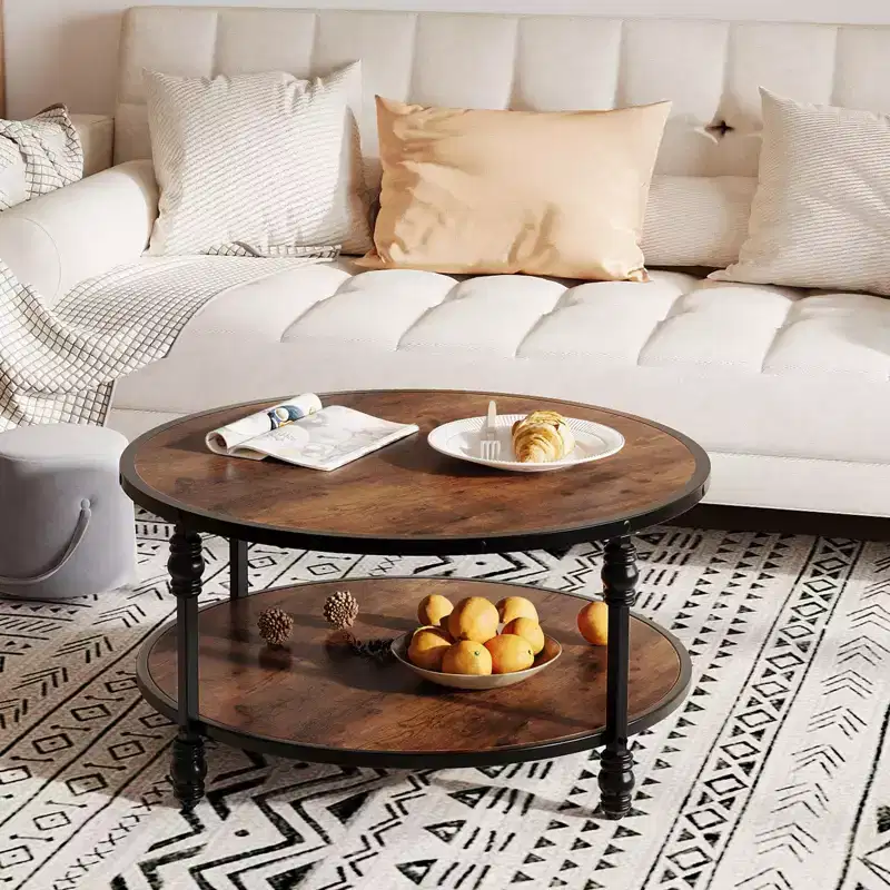 Round Coffee Table Living Room 34.25in Rustic Circle Center Table with Storage Shelf 2-Tier Modern Wood Coffee Table, Easy Assembly(Brown)