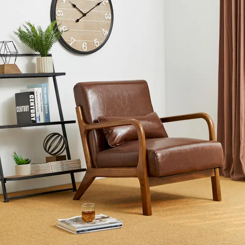 Glitzhome 30.75H Mid-Century Modern PU Leather Armchair Accent Chair with Pillow - 25.75W x 33.75D x 30.75H