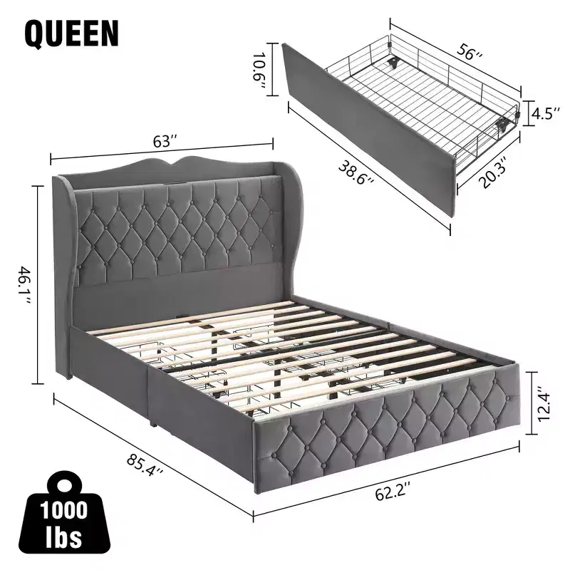 Velvet Upholstered Bed Frame with 4 Storage Drawers & Charging Station, Diamond Button-Tufted Design