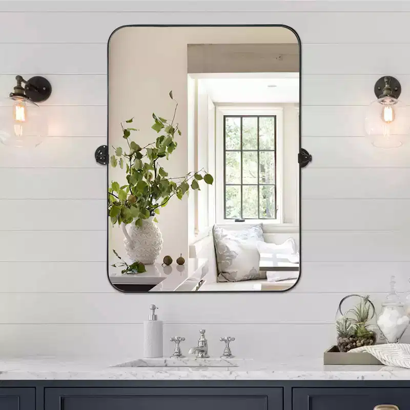 MAYEERTY Modern Black Metal Frame Round Corner Rectangular Rotating Wall Mounted Accent Mirror 36 x 24 x 2