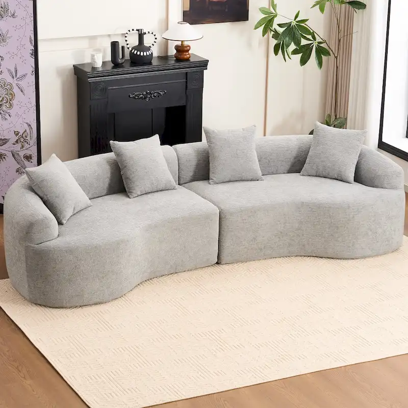 Grey / Antique Blue / Beige / White / Green / Orange / Antique Brown Curved Foam Sofa, 4-Seater, with 4 Pillows