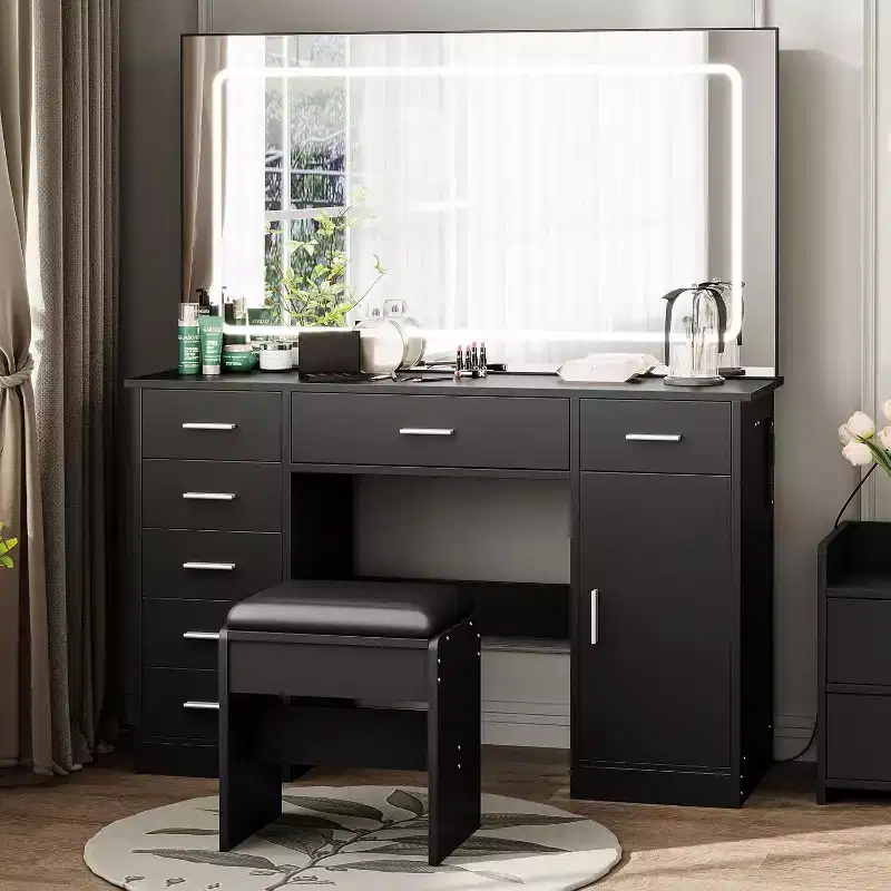 Vanity Desk with Large Mirror and Lights, Makeup Vanity with Power Outlet, 7 Drawers & Cushioned Stool, 3 Lighting Color Adjustable